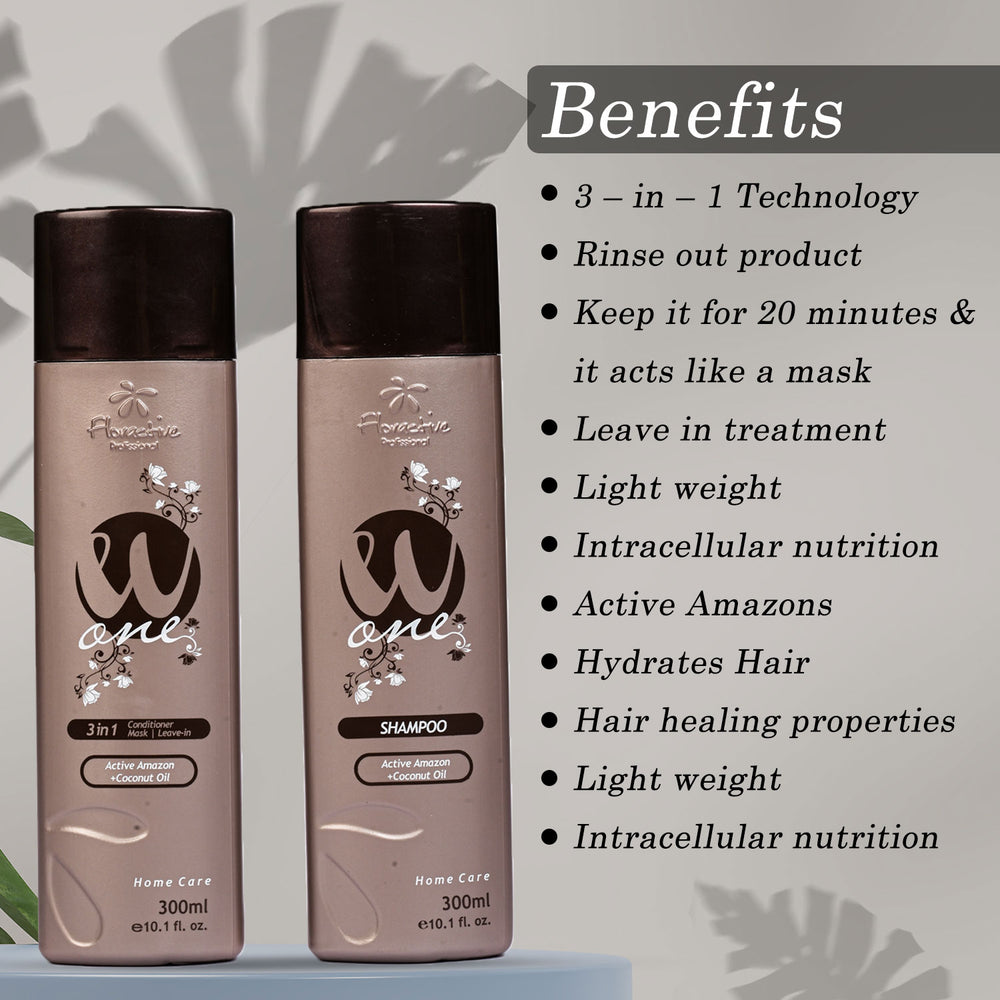 Floractive Profissional W One Shampoo & 3 In 1 Conditioner Duo 300ml Each | Anti-Frizz Hair Repair & Hydration Kit