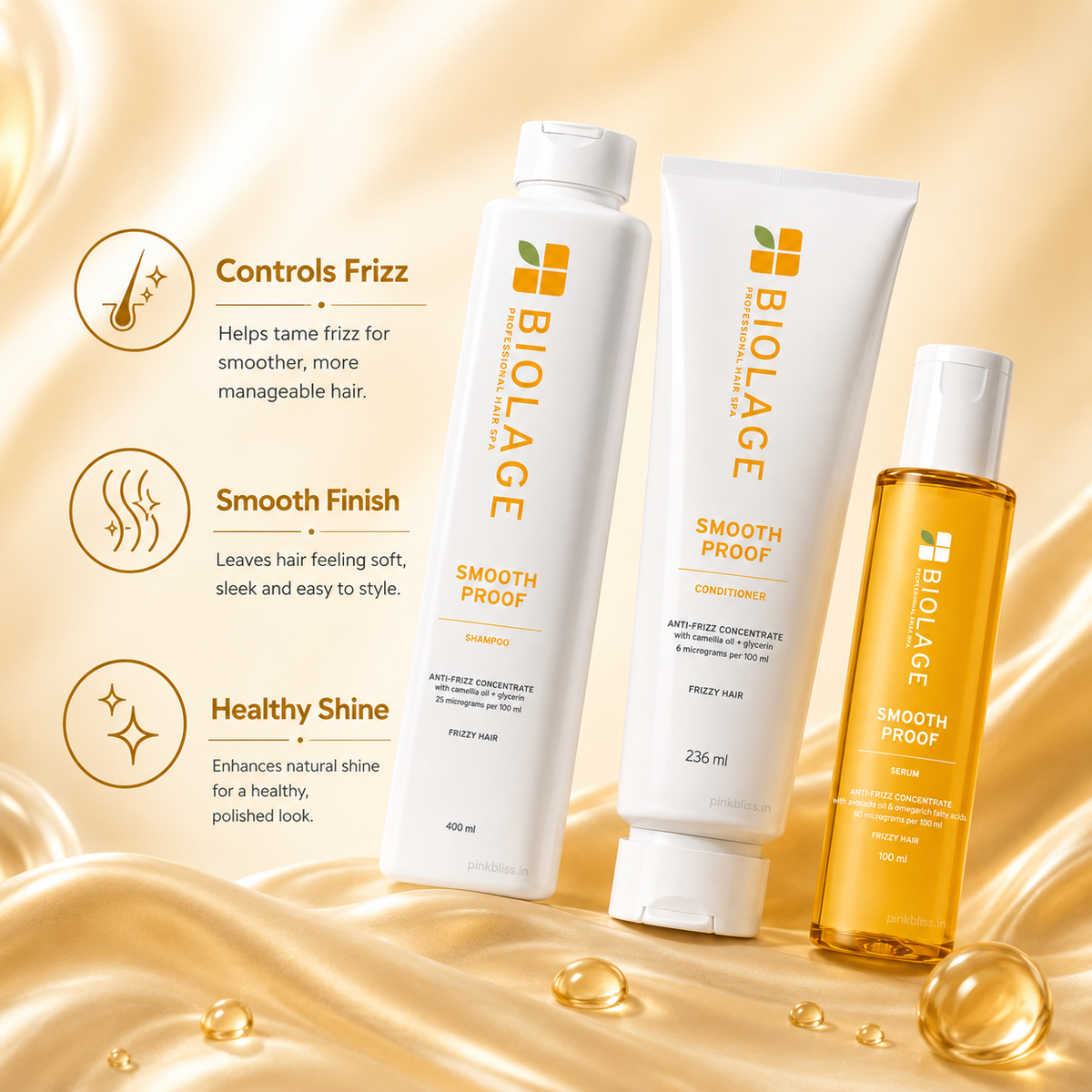 Biolage Smoothproof Shampoo Conditioner & Serum Trio for Frizz Control & Smooth Hair (400g+100ml+100ml)