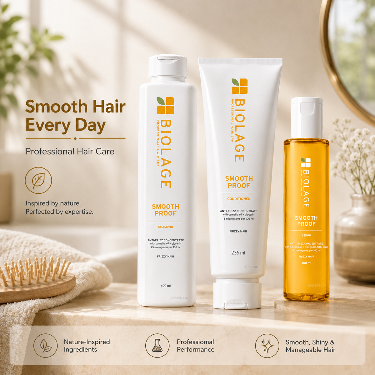 Biolage Smoothproof Shampoo Conditioner & Serum Trio for Frizz Control & Smooth Hair (400g+100ml+100ml)