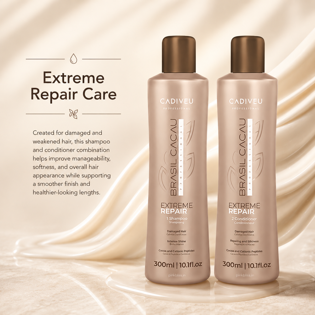Cadiveu Brasil Cacau Extreme Repair Shampoo & Conditioner Combo for Damaged Hair (300ml Each)
