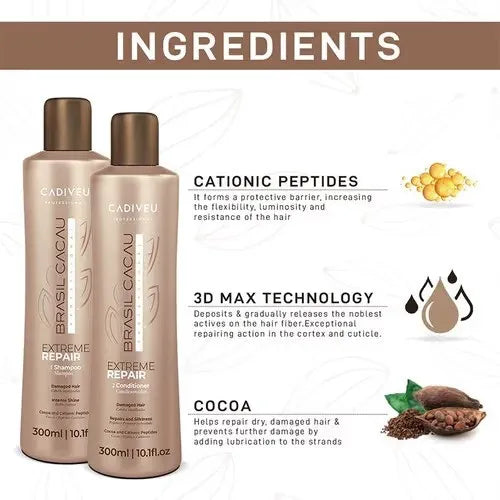 Cadiveu Brasil Cacau Extreme Repair Shampoo & Conditioner Combo for Damaged Hair (300ml Each)