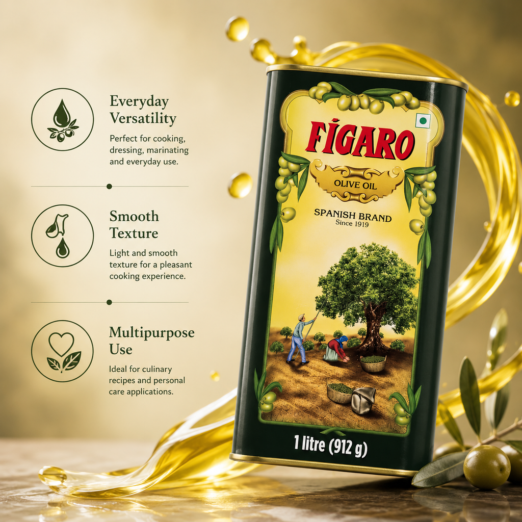 Figaro Pure Olive Oil 1 Litre Tin | Daily Cooking Olive Oil for Indian Dishes