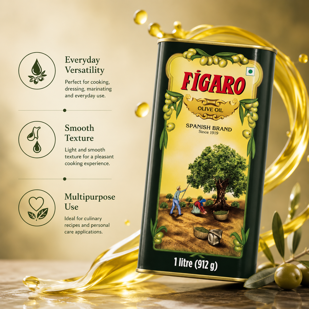 Figaro Pure Olive Oil 1 Litre Tin | Daily Cooking Olive Oil for Indian Dishes