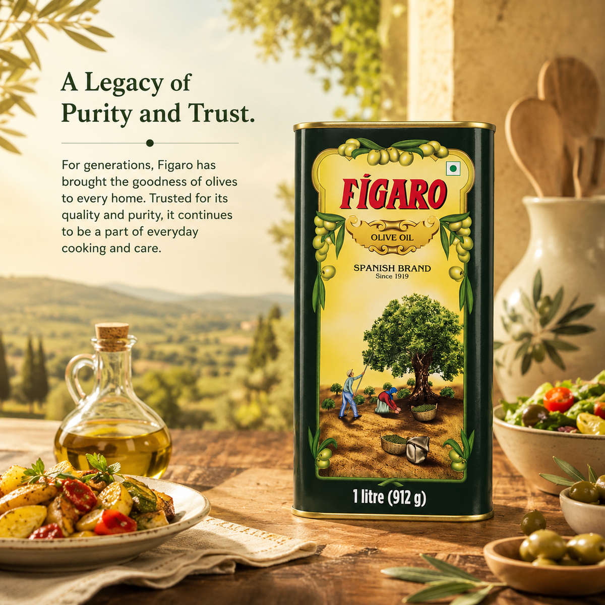 Figaro Pure Olive Oil 1 Litre Tin | Daily Cooking Olive Oil for Indian Dishes