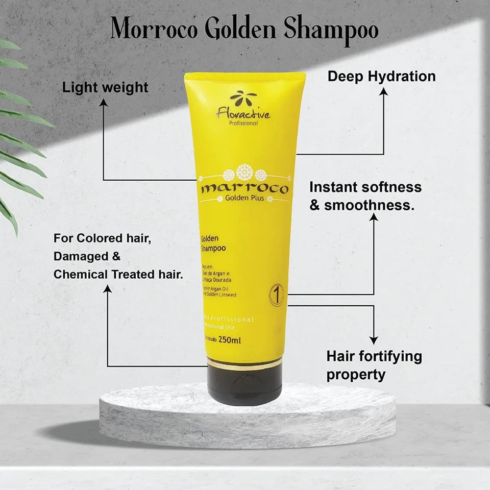 Floractive Profissional Marroco Golden Plus Shampoo 250ml | Hydrating Shampoo for Dry, Frizzy & Chemically Treated Hair