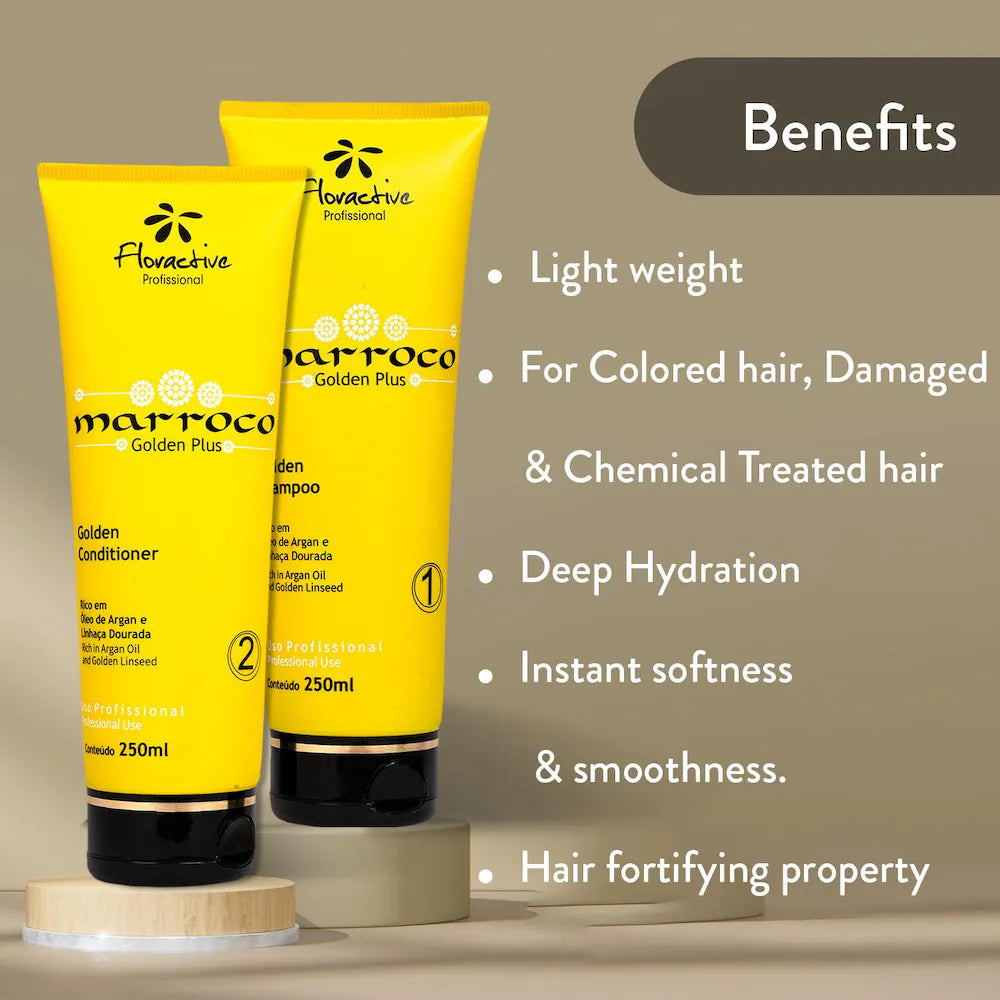Floractive Profissional Marroco Golden Plus Shampoo & Conditioner Combo 250ml Each | Hydration & Repair Hair Care Duo