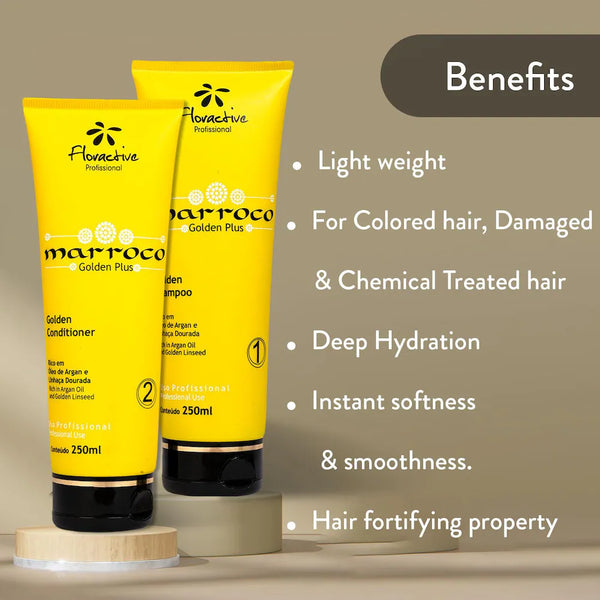 Floractive Profissional Marroco Golden Plus Shampoo & Conditioner Combo 250ml Each | Hydration & Repair Hair Care Duo