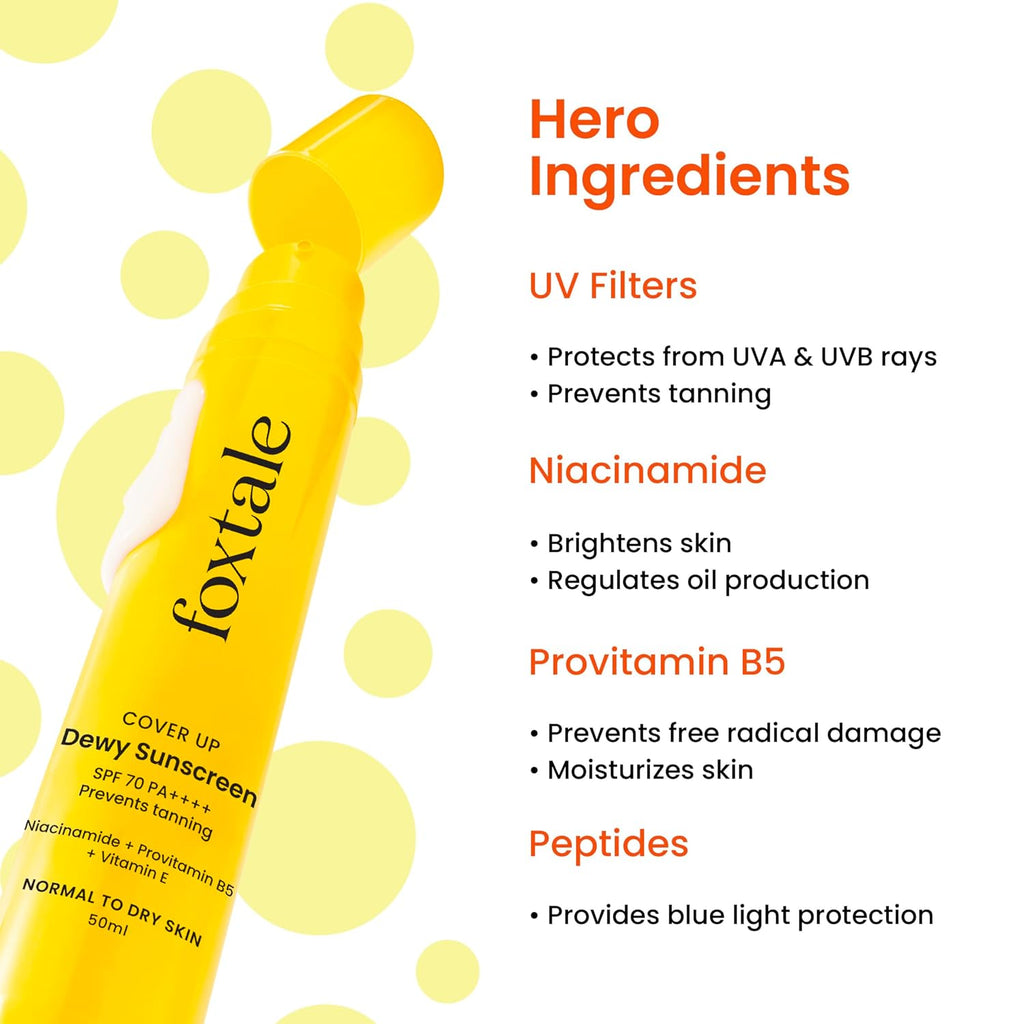 Foxtale SPF 70 PA++++ Mattifying Sunscreen with Niacinamide, Provitamin B5 & Vitamin E 50ml