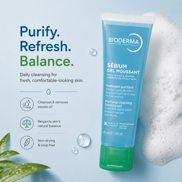 Bioderma Sebium Gel Moussant Purifying Foaming Cleanser For Oily, Combination & Acne-Prone Skin 45ml