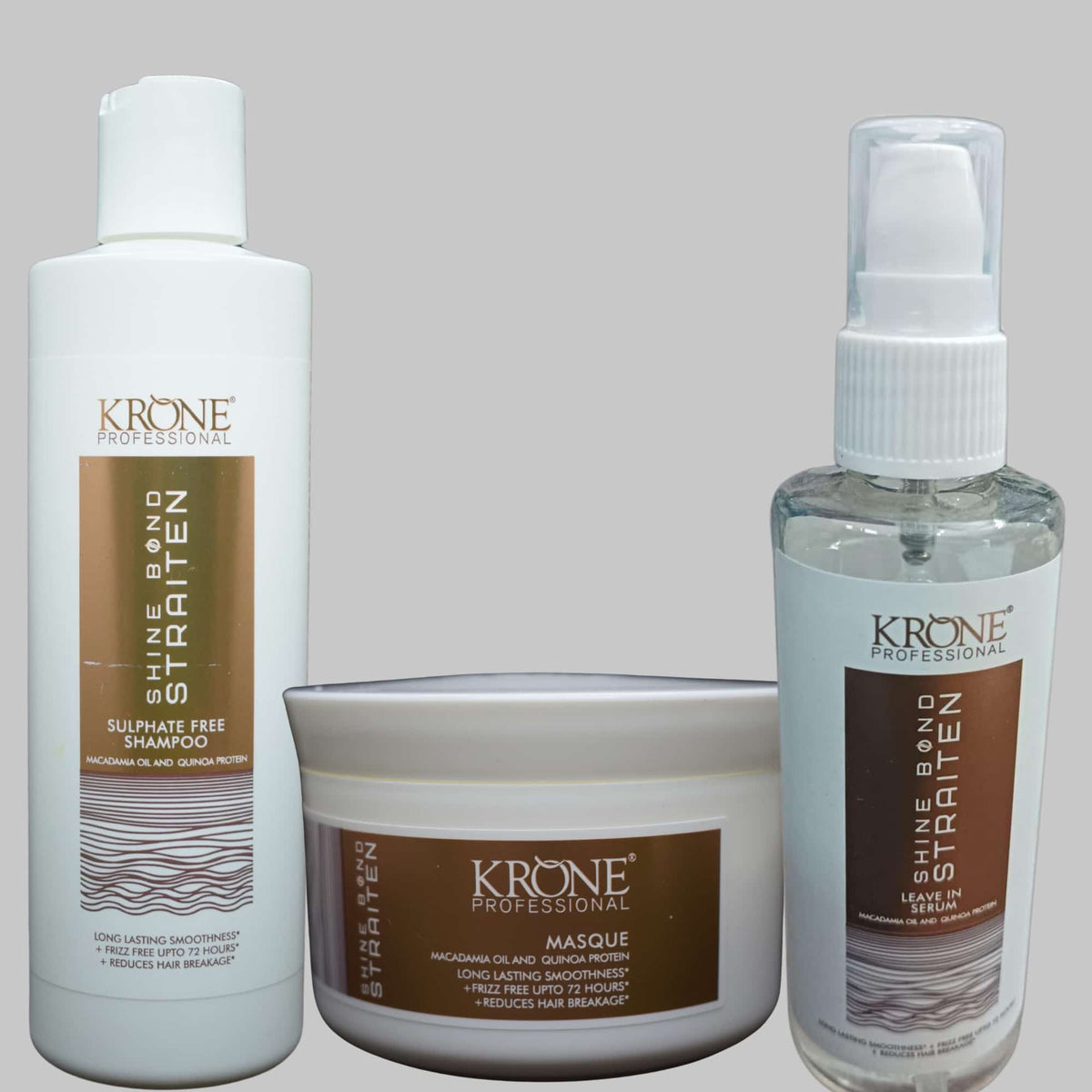 Krone Professional Shine Bond Sulphate-Free Hair Care Trio For Smooth, Straight & Frizz-Free Hair (Shampoo 250ml + Masque 200ml + Serum 100ml)