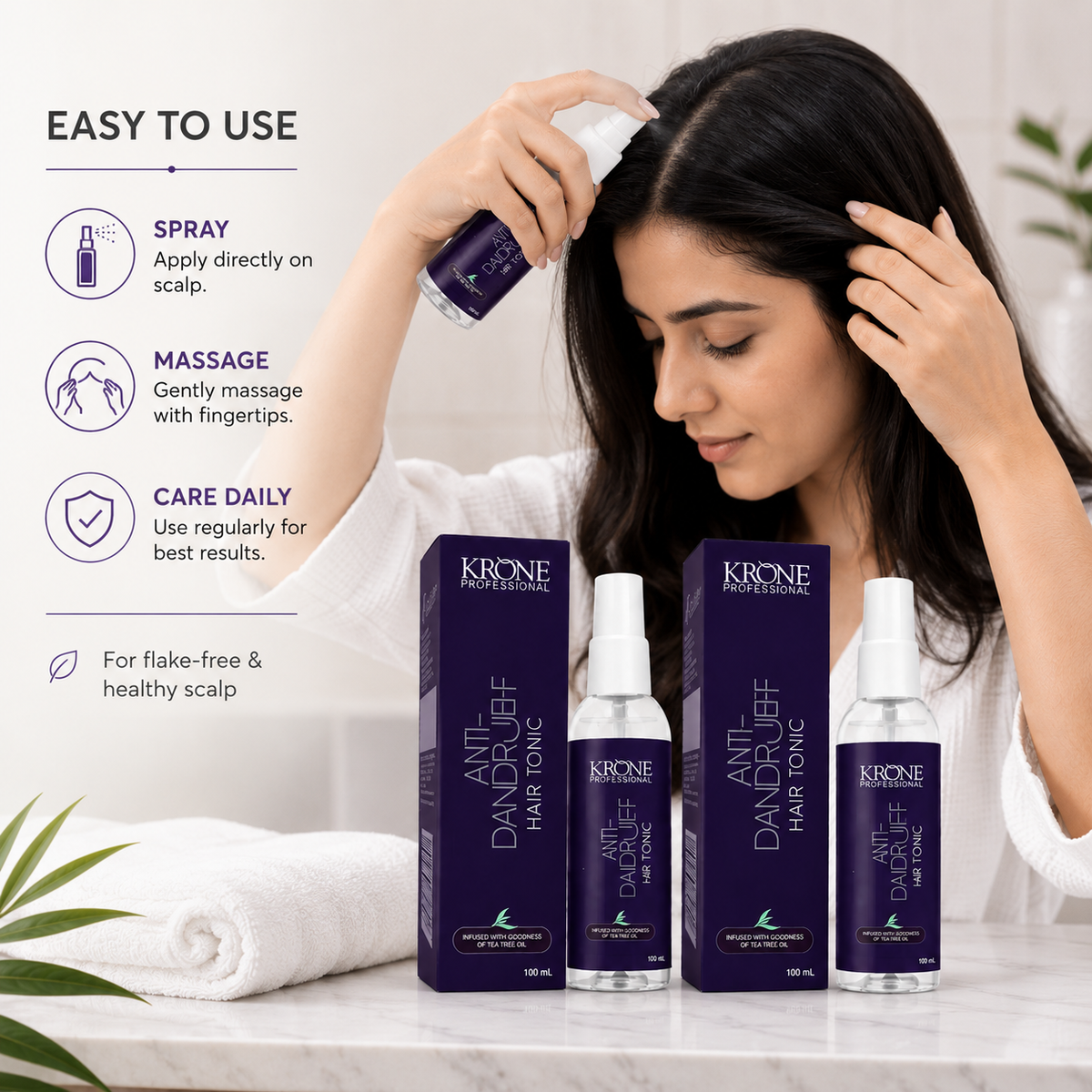 Krone Professional Anti Dandruff Hair Tonic Duo Pack With Tea Tree Oil For Flake-Free & Healthy Scalp 100ml Each