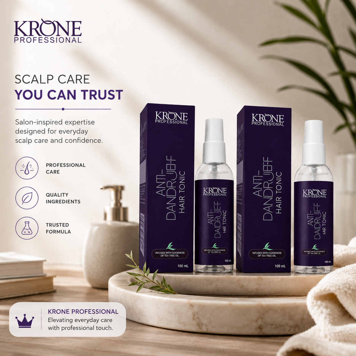 Krone Professional Anti Dandruff Hair Tonic Duo Pack With Tea Tree Oil For Flake-Free & Healthy Scalp 100ml Each