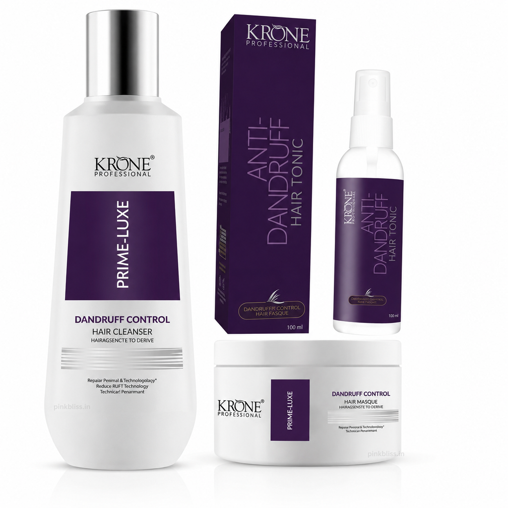Krone Professional Prime Luxe Anti-Dandruff Hair Care Trio Cleanser 200ml + Masque 100ml + Hair Tonic 100ml For Flake-Free Healthy Scalp