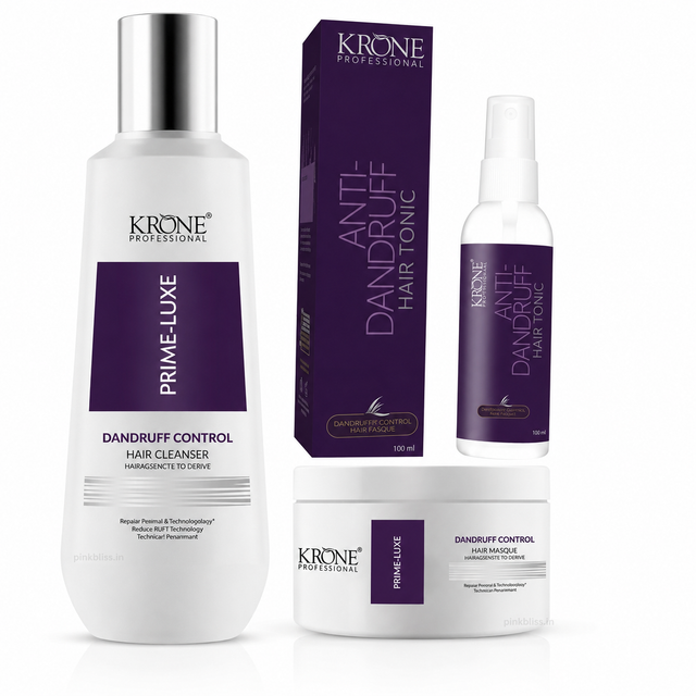 Krone Professional Prime Luxe Anti-Dandruff Hair Care Trio Cleanser 200ml + Masque 100ml + Hair Tonic 100ml For Flake-Free Healthy Scalp