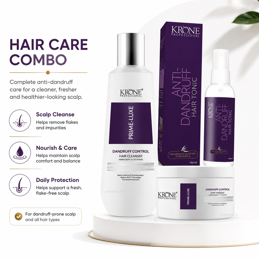 Krone Professional Prime Luxe Anti-Dandruff Hair Care Trio Cleanser 200ml + Masque 100ml + Hair Tonic 100ml For Flake-Free Healthy Scalp