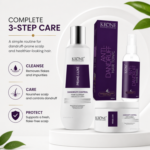 Krone Professional Prime Luxe Anti-Dandruff Hair Care Trio Cleanser 200ml + Masque 100ml + Hair Tonic 100ml For Flake-Free Healthy Scalp
