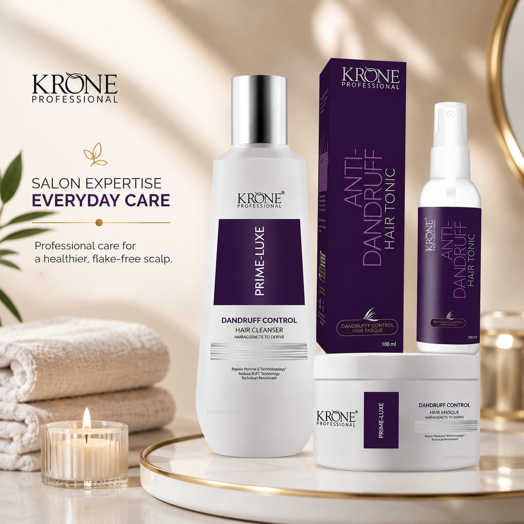 Krone Professional Prime Luxe Anti-Dandruff Hair Care Trio Cleanser 200ml + Masque 100ml + Hair Tonic 100ml For Flake-Free Healthy Scalp