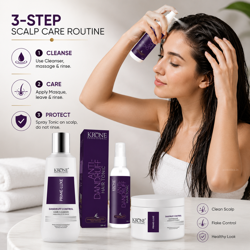 Krone Professional Prime Luxe Anti-Dandruff Hair Care Trio Cleanser 200ml + Masque 100ml + Hair Tonic 100ml For Flake-Free Healthy Scalp