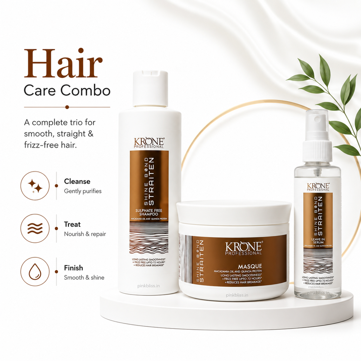 Krone Professional Shine Bond Sulphate-Free Hair Care Trio For Smooth, Straight & Frizz-Free Hair (Shampoo 250ml + Masque 200ml + Serum 100ml)