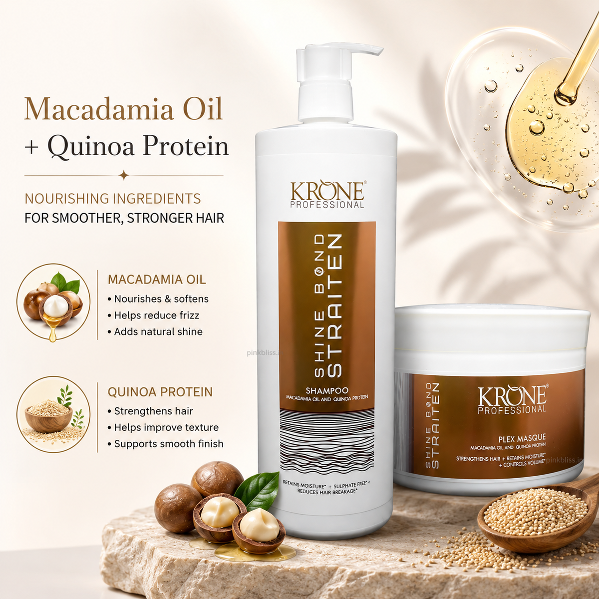 Krone Professional Shine Bond Sulphate-Free Shampoo & Hair Masque Combo For Smooth, Frizz-Free Hair (1000ml + 500ml)