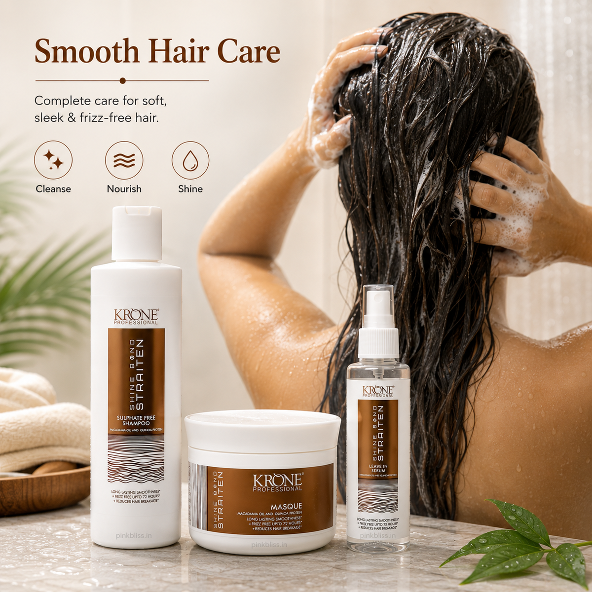 Krone Professional Shine Bond Sulphate-Free Hair Care Trio For Smooth, Straight & Frizz-Free Hair (Shampoo 250ml + Masque 200ml + Serum 100ml)