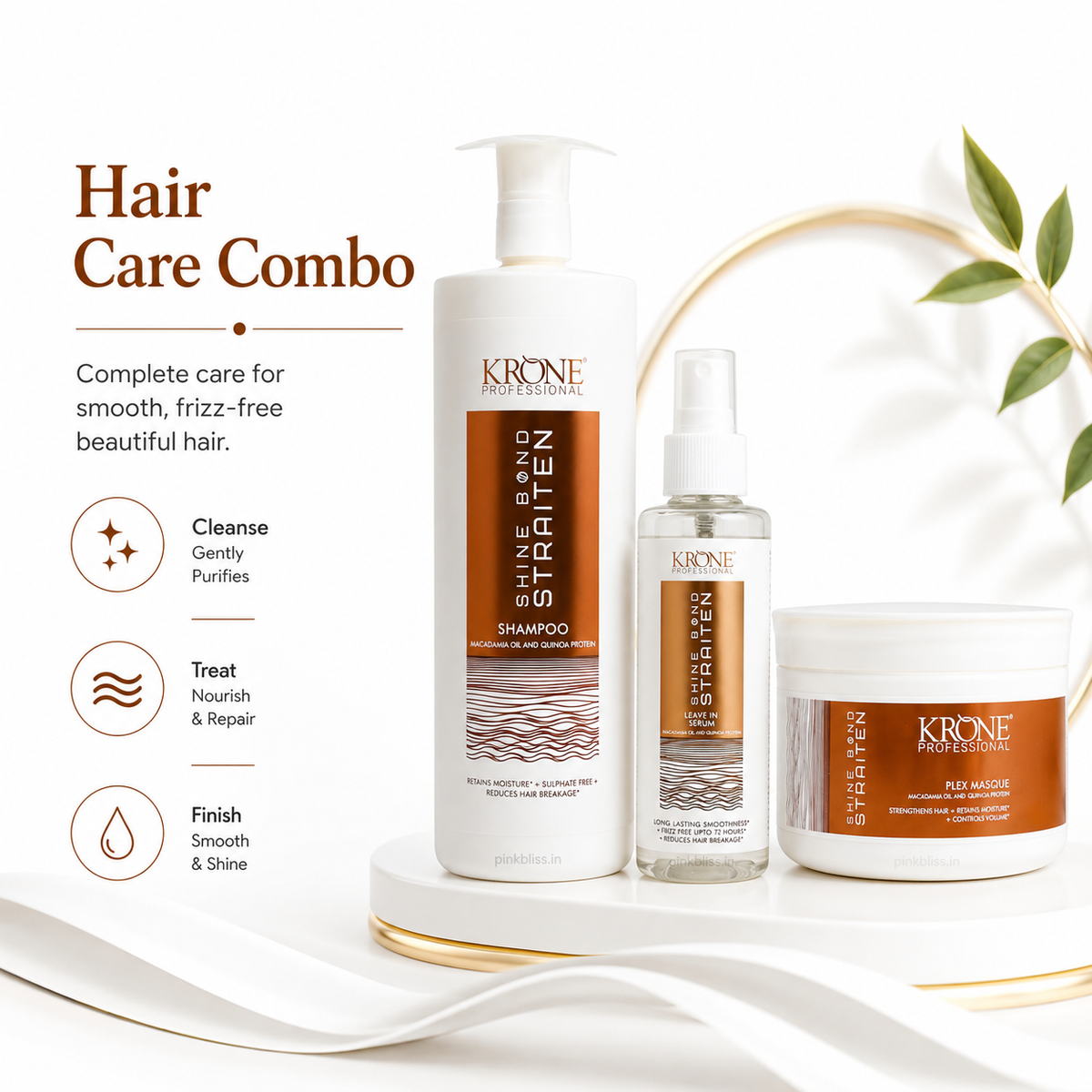 Krone Professional Shine Bond Sulphate-Free Hair Care Combo For Smooth, Frizz-Free Hair (Shampoo 1000ml + Masque 500ml + Serum 100ml)