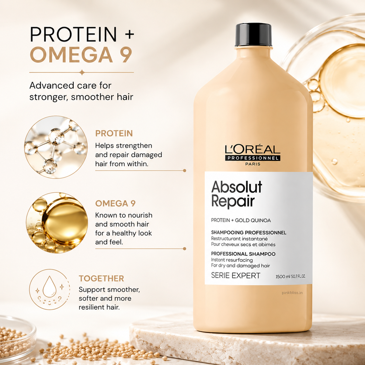 L'Oréal Professionnel Absolut Repair Shampoo 1.5L for Damaged Hair | Protein + Omega 9