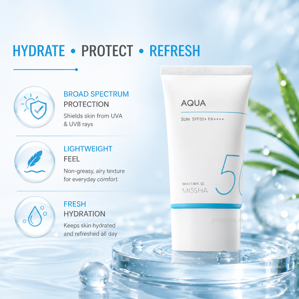 MISSHA All Around Safe Block Aqua Sun Gel SPF 50+ PA++++ 50ml | Lightweight Hydrating Sunscreen