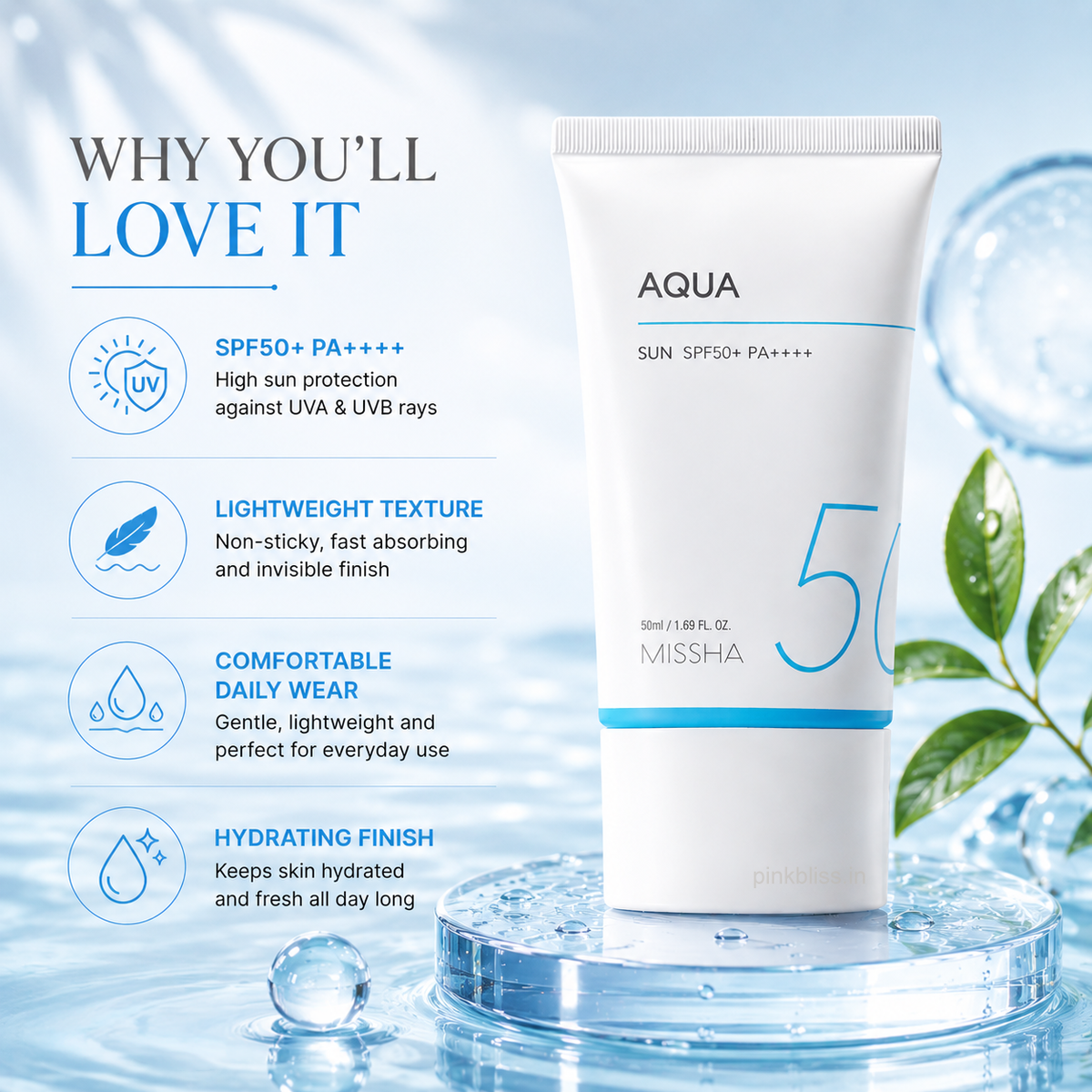 MISSHA All Around Safe Block Aqua Sun Gel SPF 50+ PA++++ 50ml | Lightweight Hydrating Sunscreen