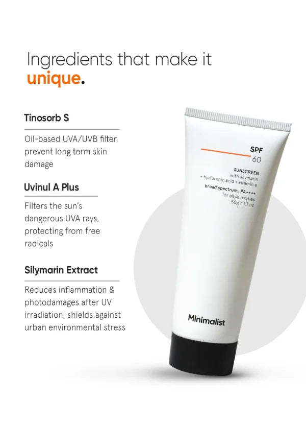 Minimalist SPF 60 PA++++ Broad Spectrum Sunscreen with Silymarin 50g