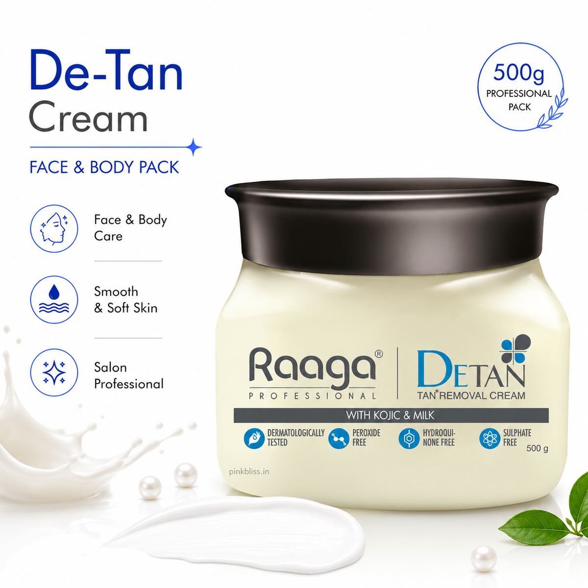 Raaga Professional De-Tan Pack with Kojic, Lactic Acid & Arbutin Tan Removal Cream 500g