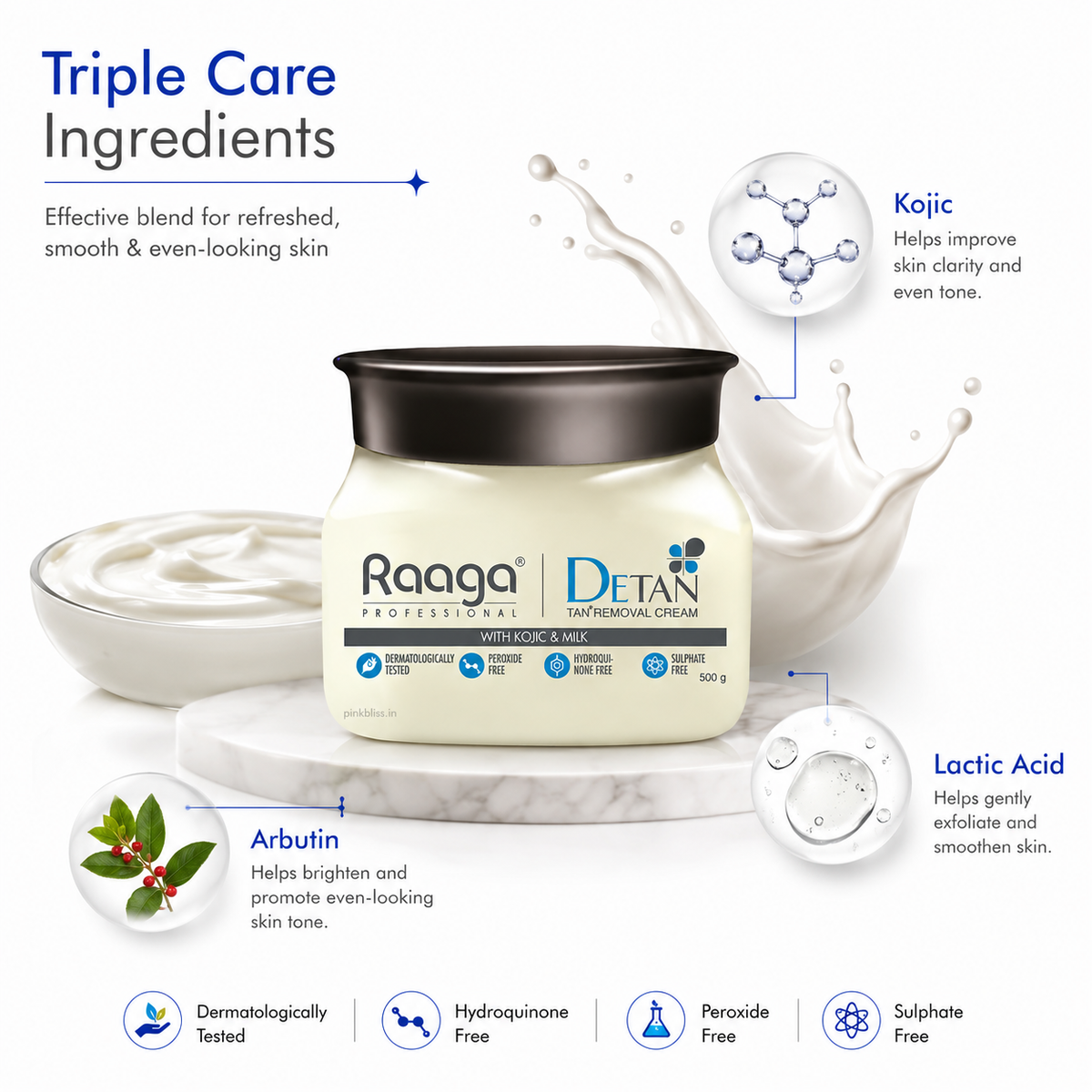 Raaga Professional De-Tan Pack with Kojic, Lactic Acid & Arbutin Tan Removal Cream 500g