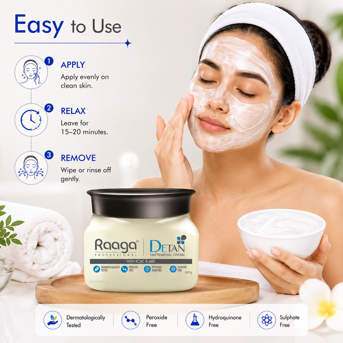 Raaga Professional De-Tan Pack with Kojic, Lactic Acid & Arbutin Tan Removal Cream 500g