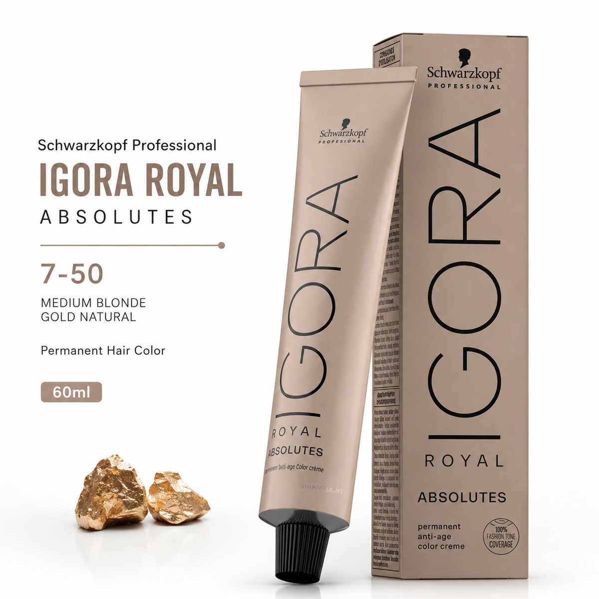 Schwarzkopf Professional IGORA ROYAL Absolutes 7-50 Medium Blonde Gold Natural Permanent Hair Color 60ml