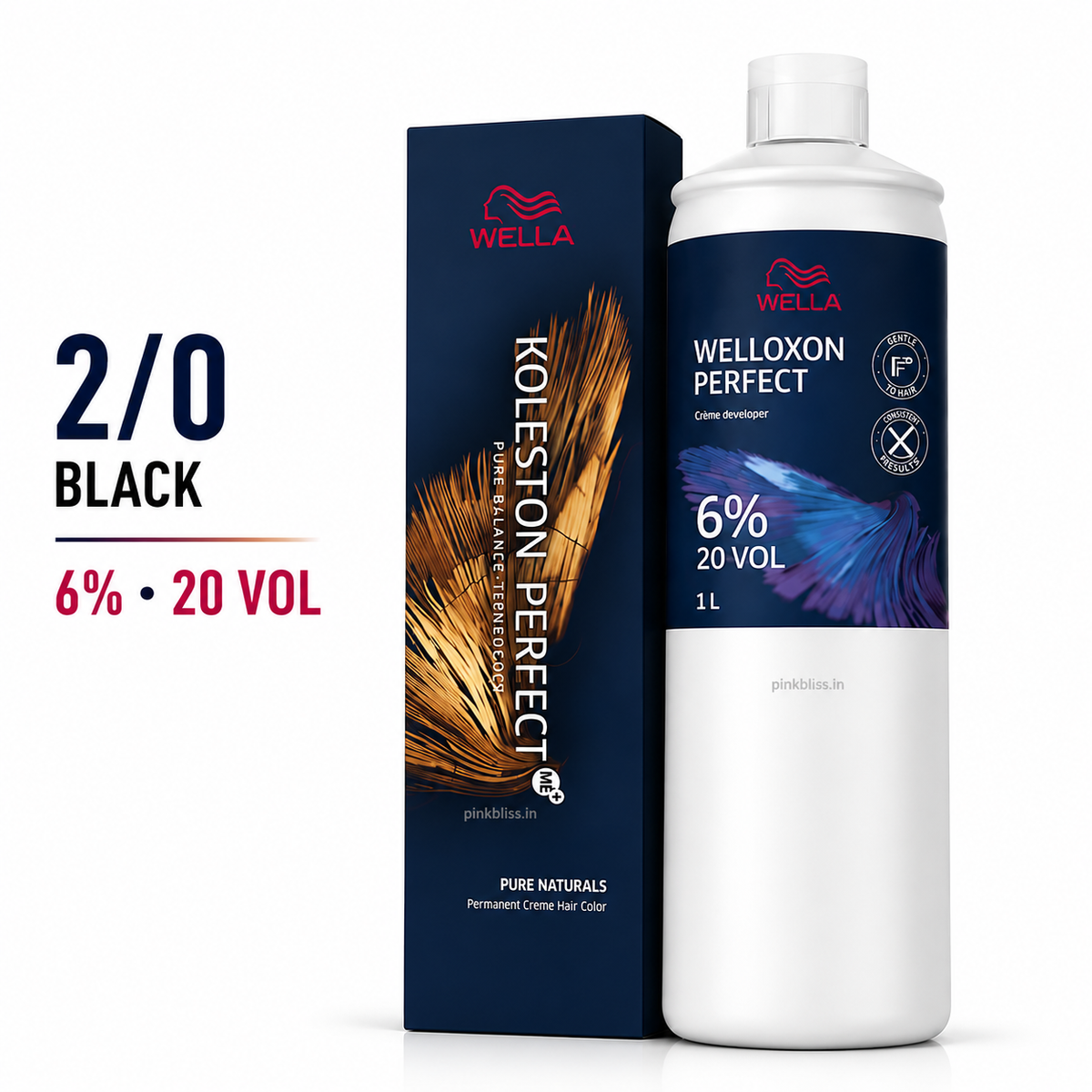 Wella Koleston Perfect 2/0 Black Permanent Hair Color & Welloxon Perfect 6% 20 Volume Developer Combo