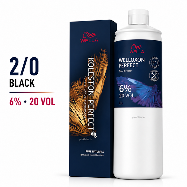 Wella Koleston Perfect 2/0 Black Permanent Hair Color & Welloxon Perfect 6% 20 Volume Developer Combo