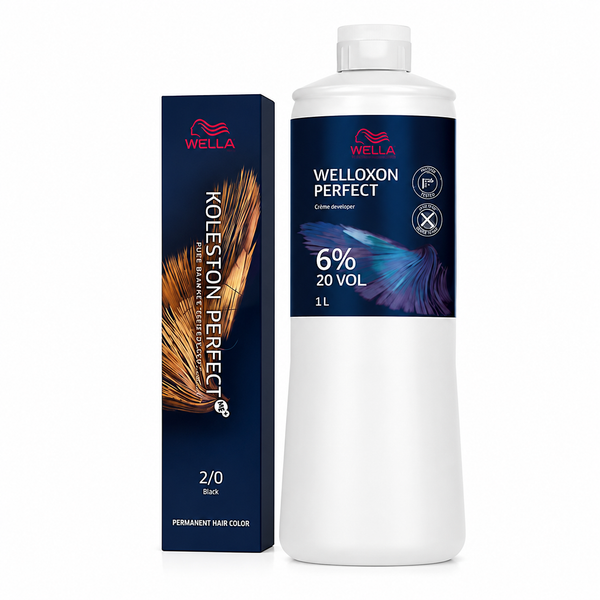 Wella Koleston Perfect 2/0 Black Permanent Hair Color & Welloxon Perfect 6% 20 Volume Developer Combo