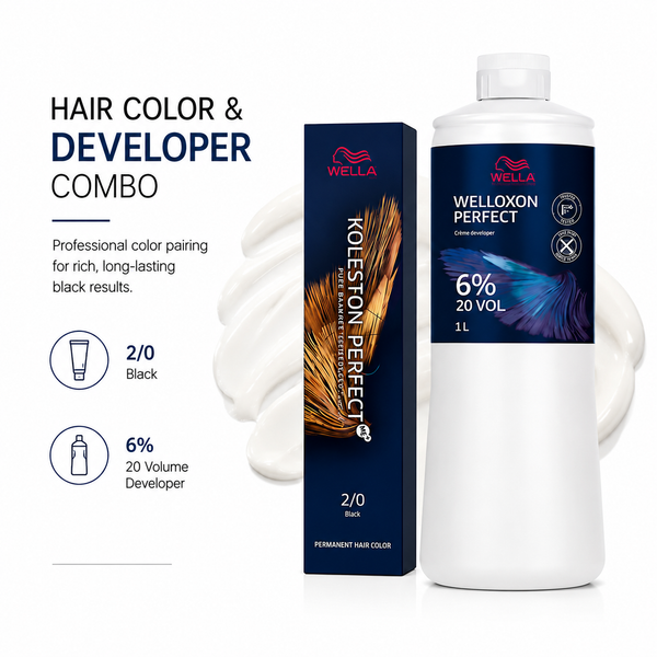 Wella Koleston Perfect 2/0 Black Permanent Hair Color & Welloxon Perfect 6% 20 Volume Developer Combo