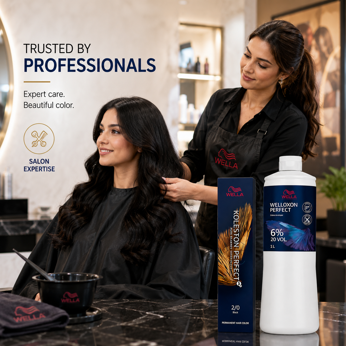 Wella Koleston Perfect 2/0 Black Permanent Hair Color & Welloxon Perfect 6% 20 Volume Developer Combo