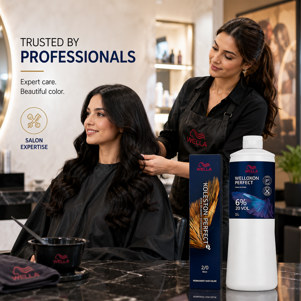 Wella Koleston Perfect 2/0 Black Permanent Hair Color & Welloxon Perfect 6% 20 Volume Developer Combo