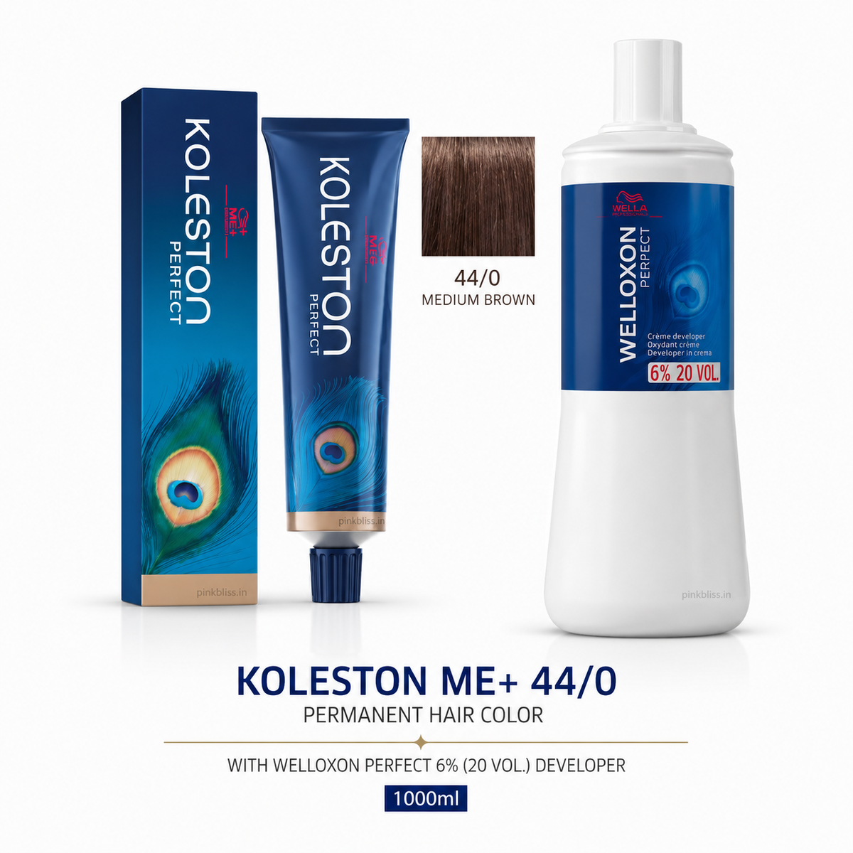 Wella Professionals Koleston Me+ 44/0 Medium Brown Hair Color 60g with Welloxon Perfect 6% 20 Vol Developer 1000ml