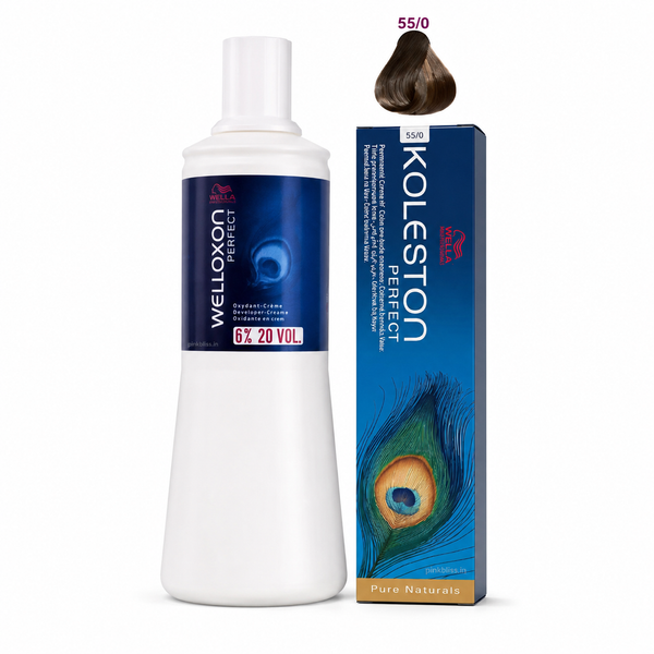 Wella Professionals Koleston Perfect ME+ 55/0 Light Brown Hair Color With Welloxon 6% 20 Vol Developer Combo