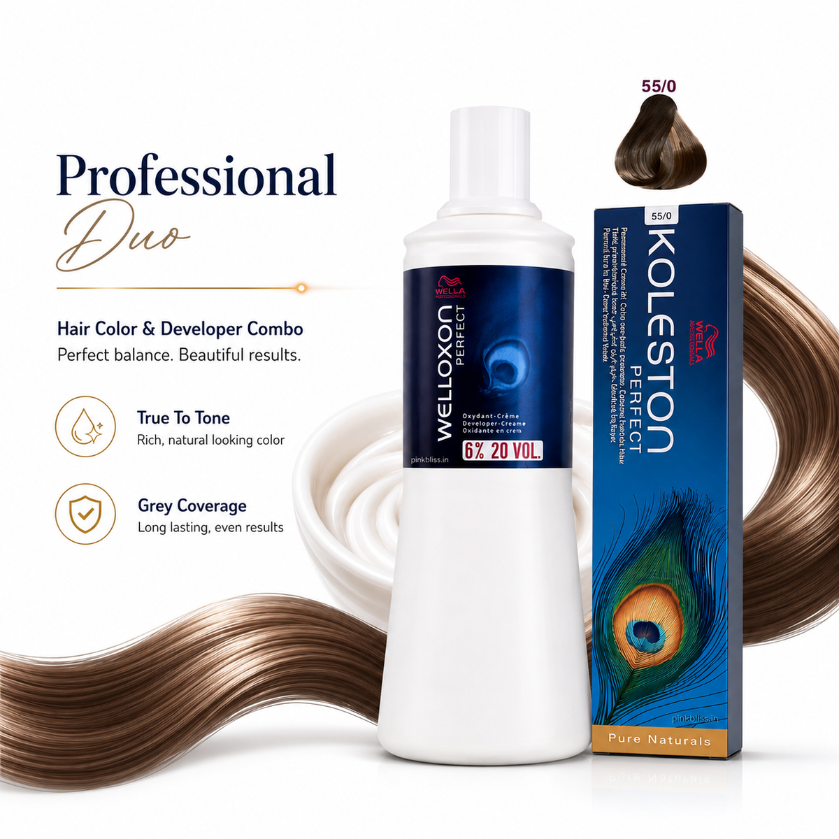Wella Professionals Koleston Perfect ME+ 55/0 Light Brown Hair Color With Welloxon 6% 20 Vol Developer Combo