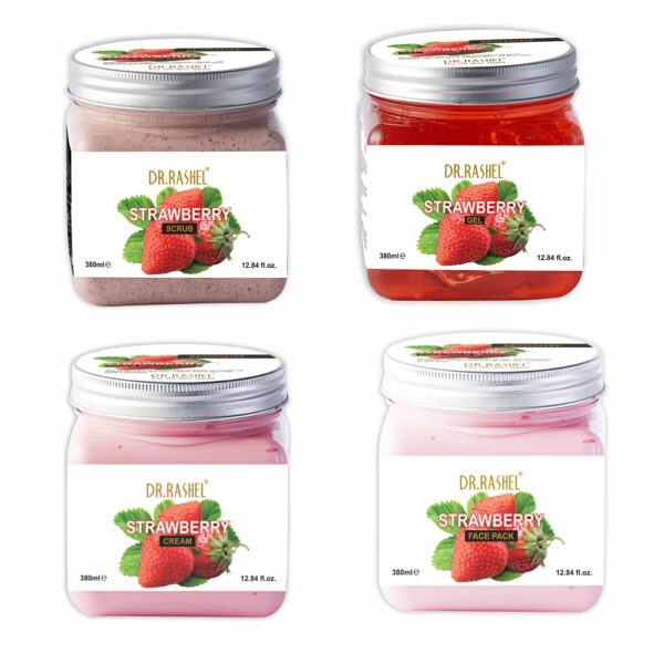 DR.RASHEL Pack of 4 Strawberry combo with Scrub Gel Cream Face Pack for Tan Removal Skin Brightening.