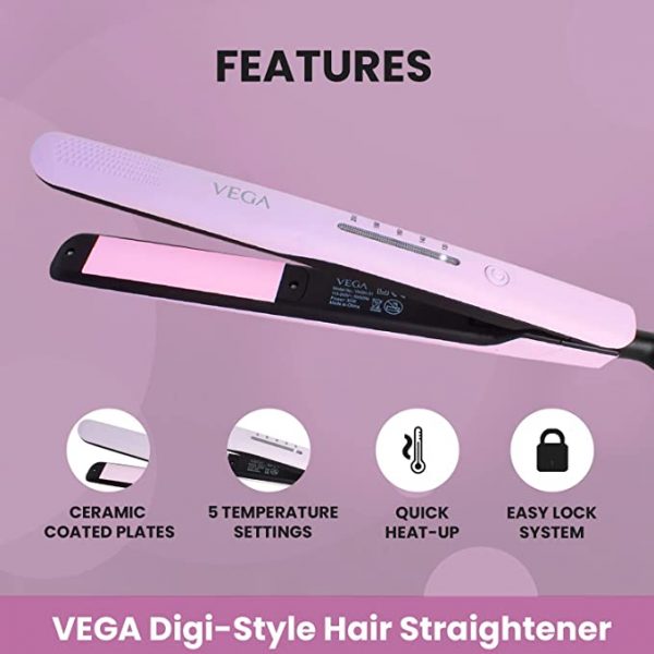 VEGA Digi Style with 5 Temperature Settings Quick Heat Up Hair Straightener Light Purple VHSH 311