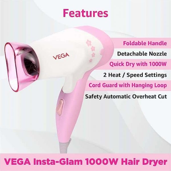 VEGA Insta Glam Foldable 1000 Watts Hair Dryer With 2 Heat Speed Settings VHDH 20 Made