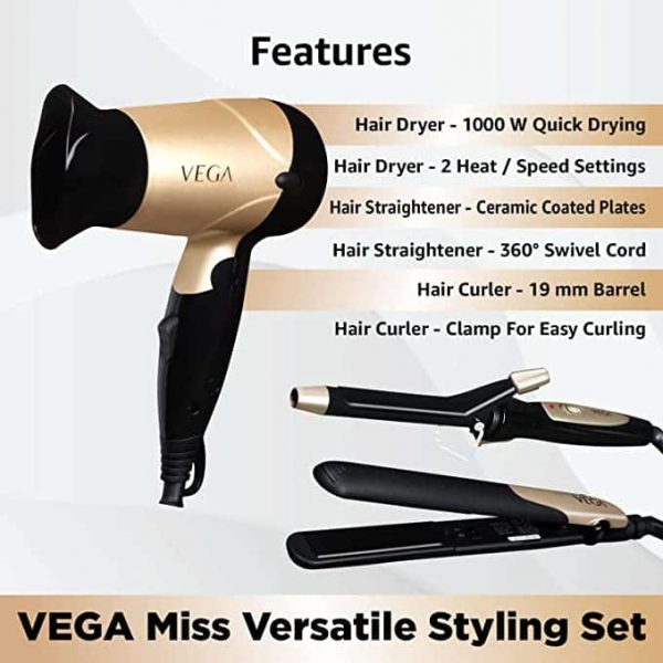 VEGA Miss Versatile Styling Set Straightener Curler Dryer Gift Combo VHSS 032