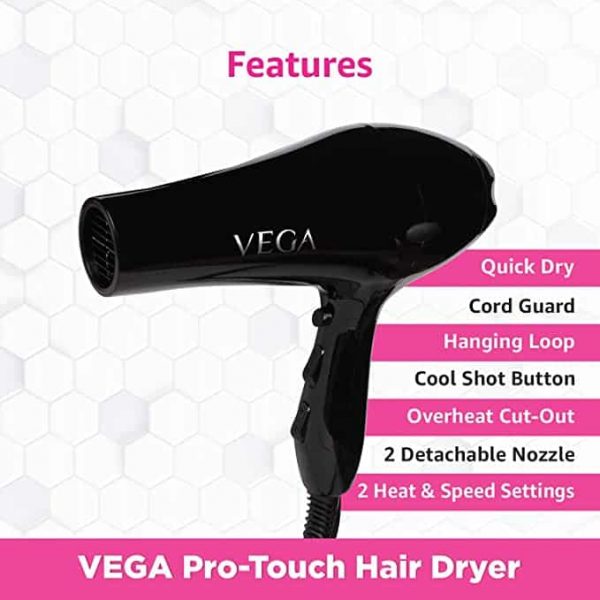 VEGA Pro Touch 1800 2000 Watts Professional Hair Dryer with 2 Detachable Nozzles VHDP 021