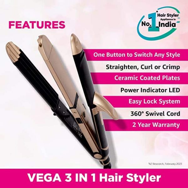 Vega 3 in 1 Hair Styler Indias No. Hair Styler Appliance Hair Straightener Curler Crimper VHSCC 01 Black