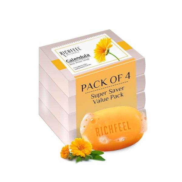 Richfeel Calendula Anti-Acne Soap | For Skin prone to Acne & Blemishes | Physician Formulated | Helps Calm & Replenish Skin | 80g (Pack of 4)